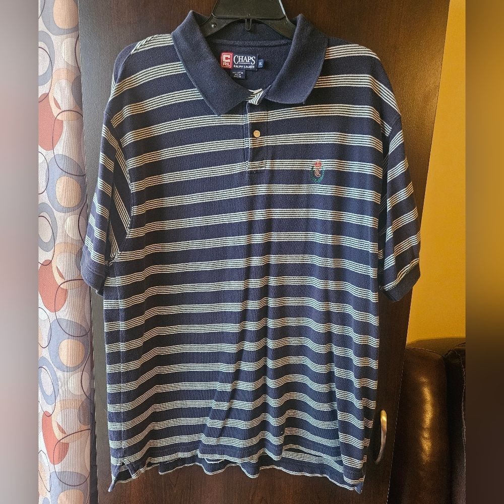 Vintage Chaps Ralph Lauren Navy and White Striped Polo Shirt Size XL